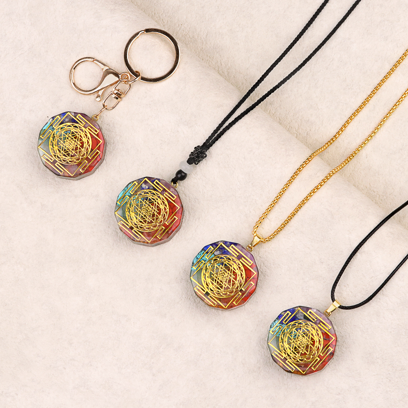Gold Pattern Resin Polygon 7 Chakra Stone Pendant For DIY Making Jewelry