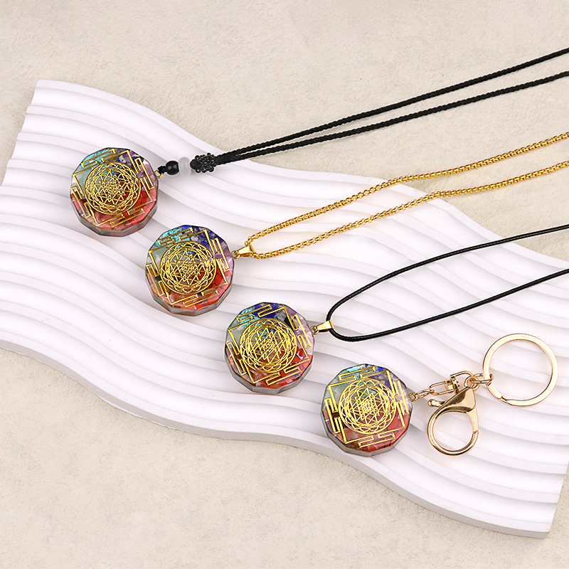 Gold Pattern Resin Polygon 7 Chakra Stone Pendant For DIY Making Jewelry