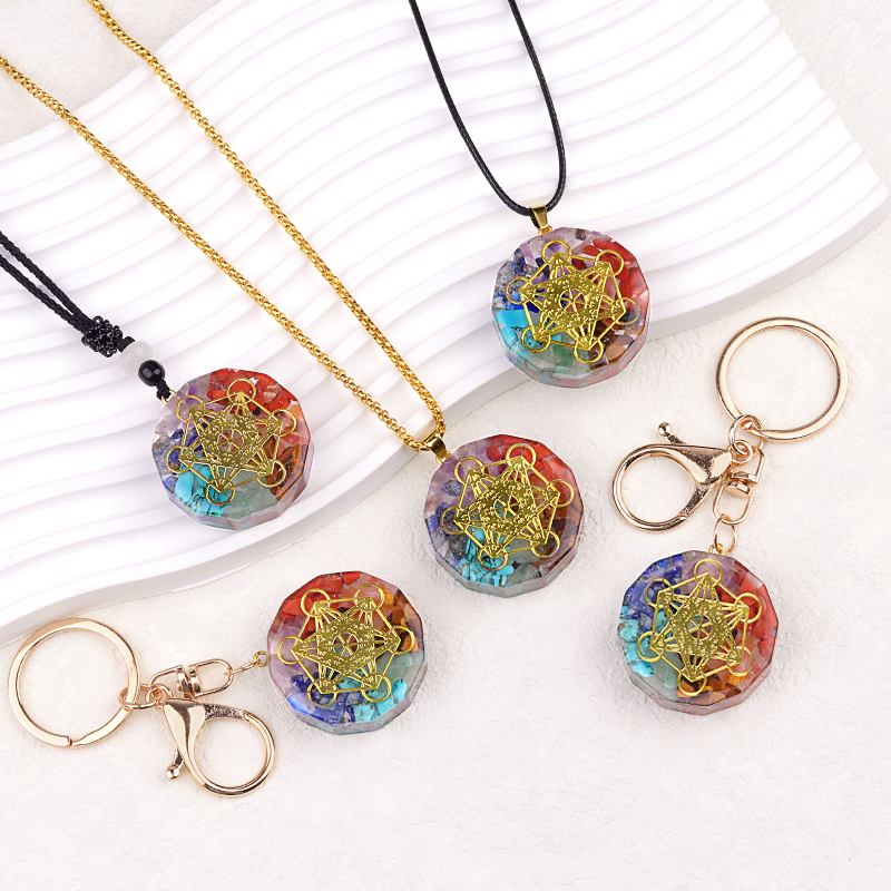 Gold Pattern Resin Polygon 7 Chakra Stone Pendant For DIY Making Jewelry
