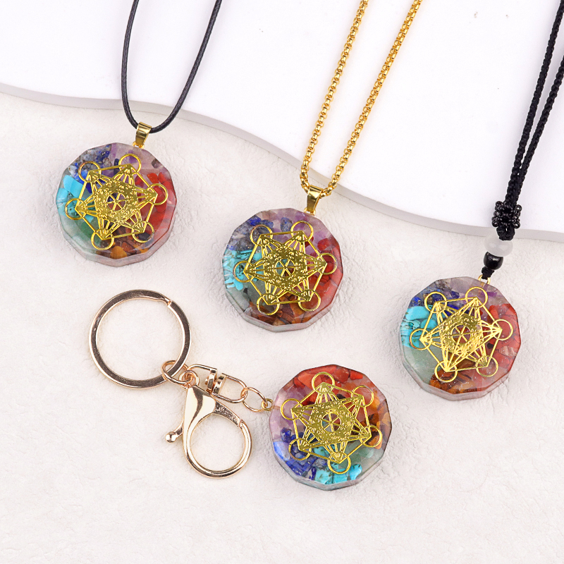 Gold Pattern Resin Polygon 7 Chakra Stone Pendant For DIY Making Jewelry