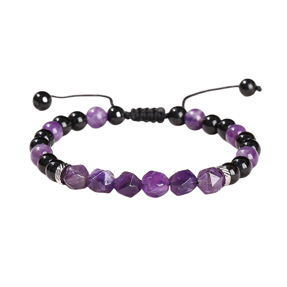 Facet Stone Beads Adjustable Black Onyx Amethyst Woven Gemstone Bracelets for Women Men