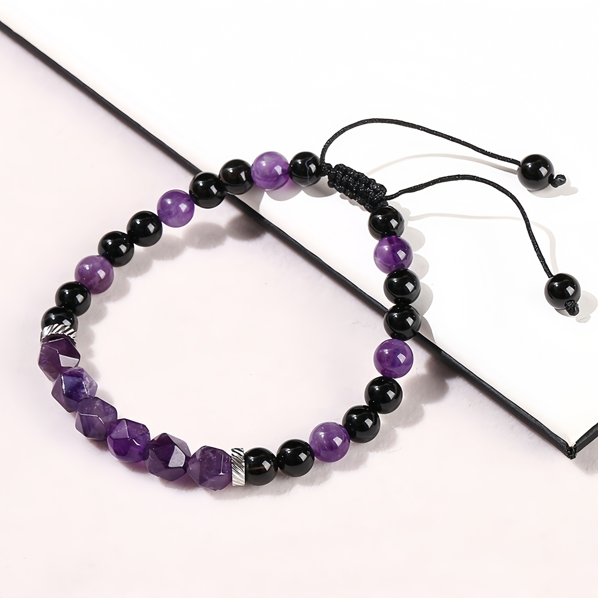 Facet Stone Beads Adjustable Black Onyx Amethyst Woven Gemstone Bracelets for Women Men