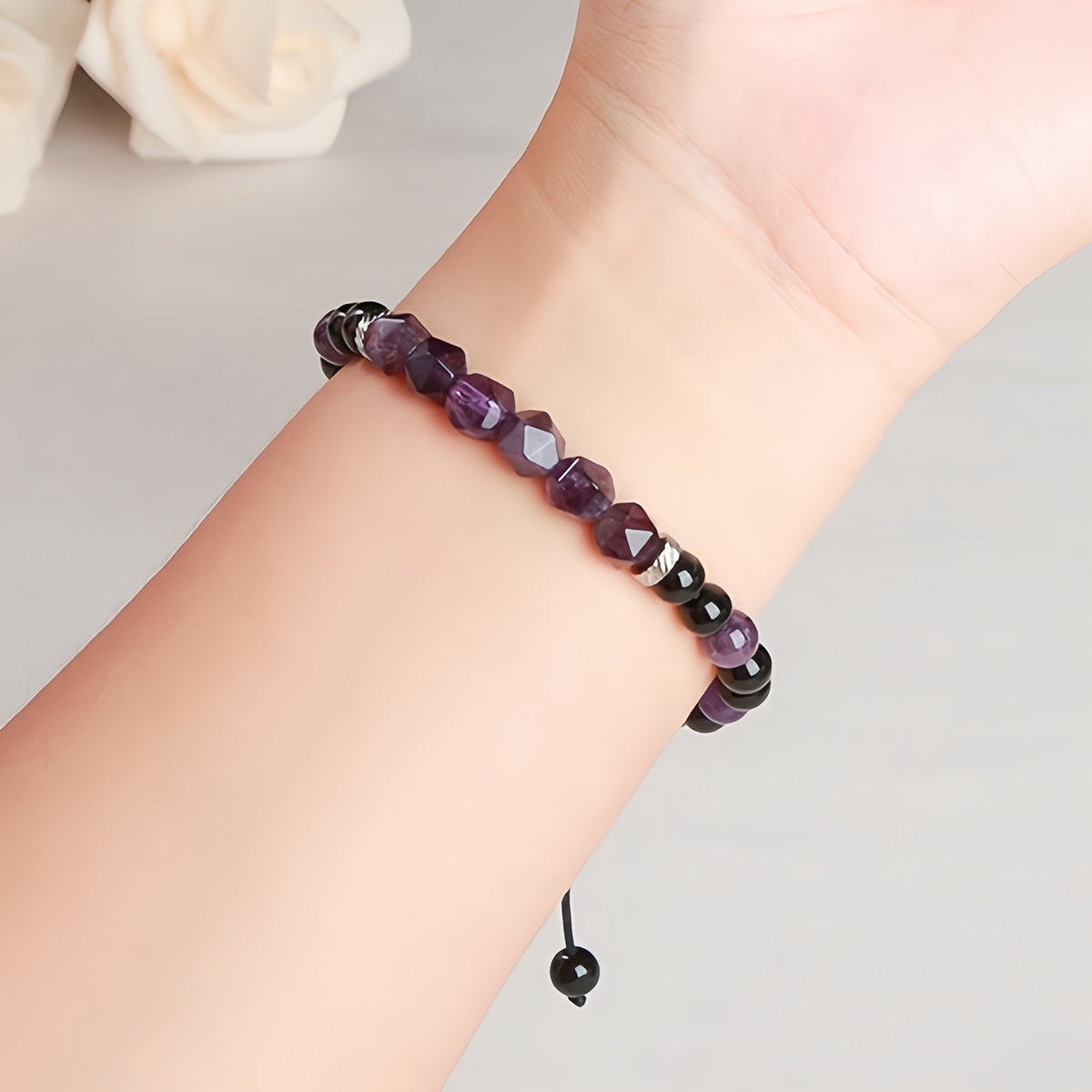 Facet Stone Beads Adjustable Black Onyx Amethyst Woven Gemstone Bracelets for Women Men