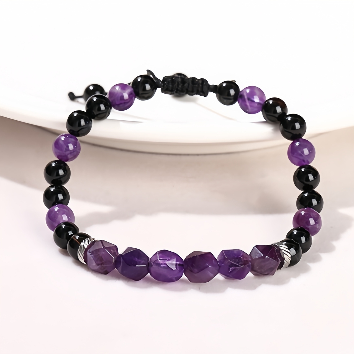 Facet Stone Beads Adjustable Black Onyx Amethyst Woven Gemstone Bracelets for Women Men