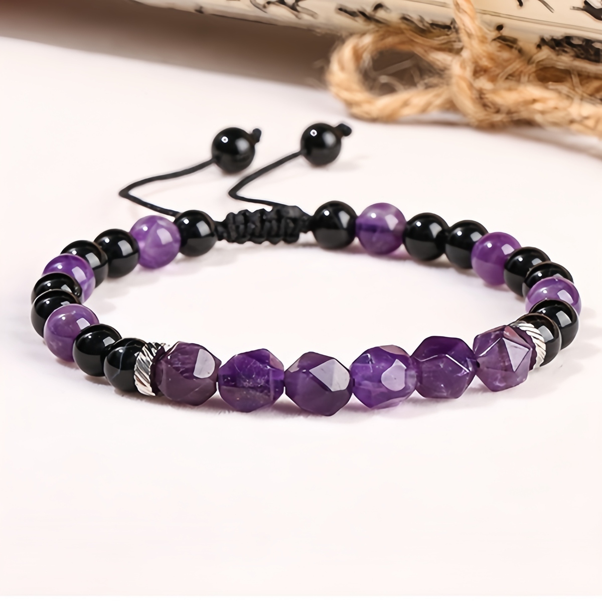Facet Stone Beads Adjustable Black Onyx Amethyst Woven Gemstone Bracelets for Women Men