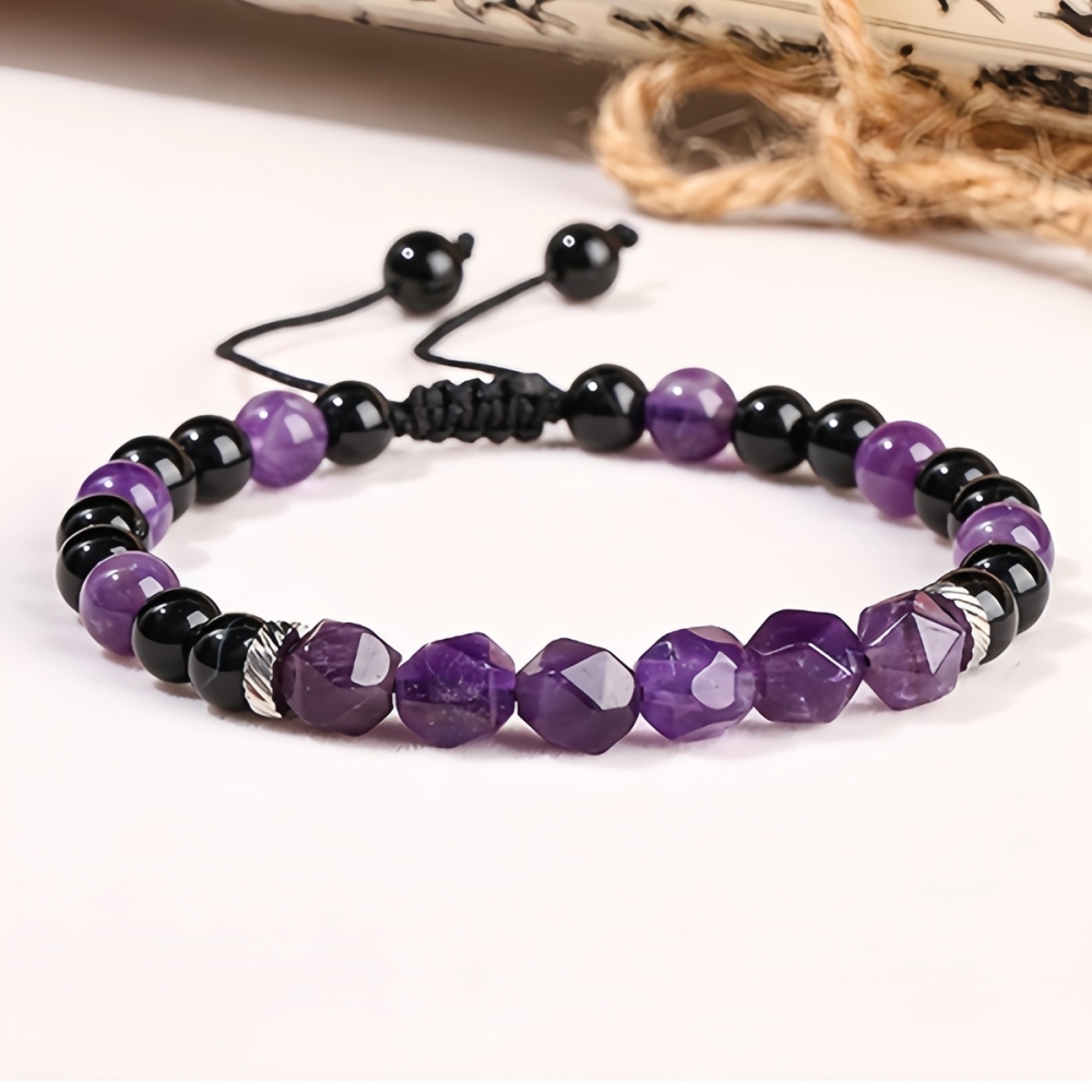 Facet Stone Beads Adjustable Black Onyx Amethyst Woven Gemstone Bracelets for Women Men