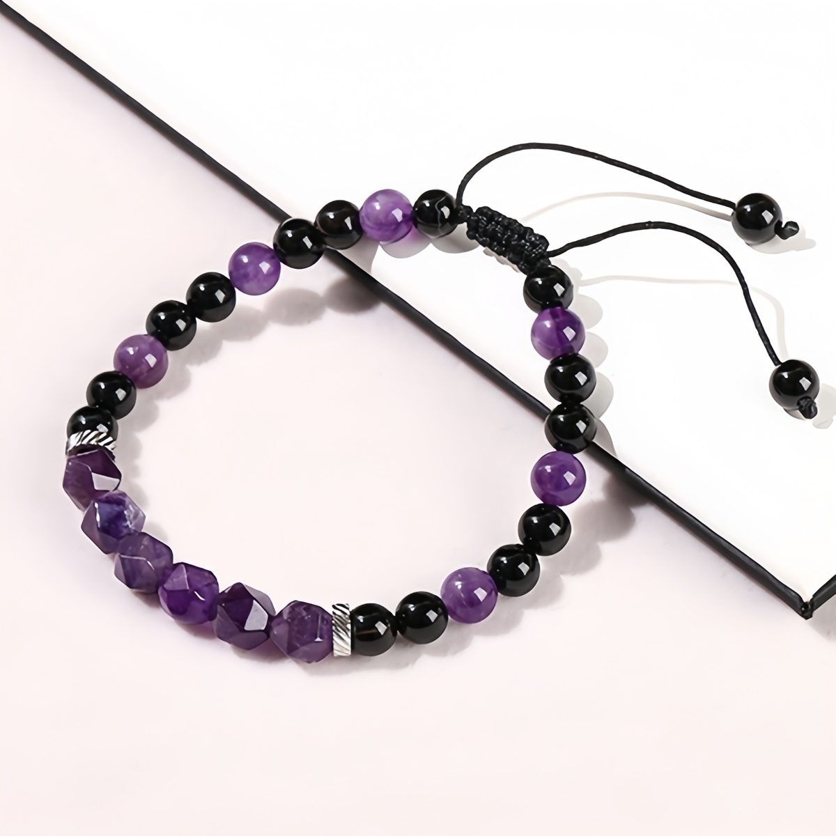 Facet Stone Beads Adjustable Black Onyx Amethyst Woven Gemstone Bracelets for Women Men