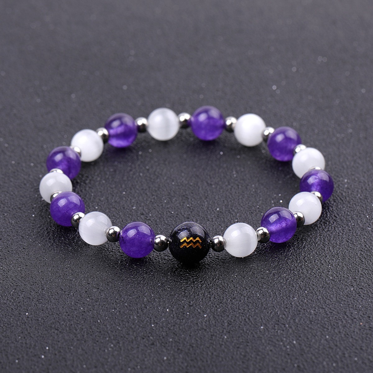 Amethyst & Cat Eye Zodiac Bracelets for Women Men 12 Constellations Healing Crystal Stretch Bracelet Zodiac Sign Horoscope Spiritual Jewelry Birthday Gift