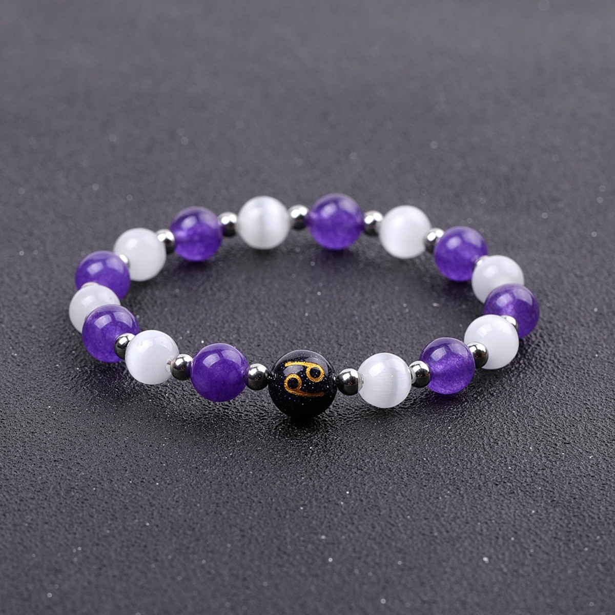 Amethyst & Cat Eye Zodiac Bracelets for Women Men 12 Constellations Healing Crystal Stretch Bracelet Zodiac Sign Horoscope Spiritual Jewelry Birthday Gift