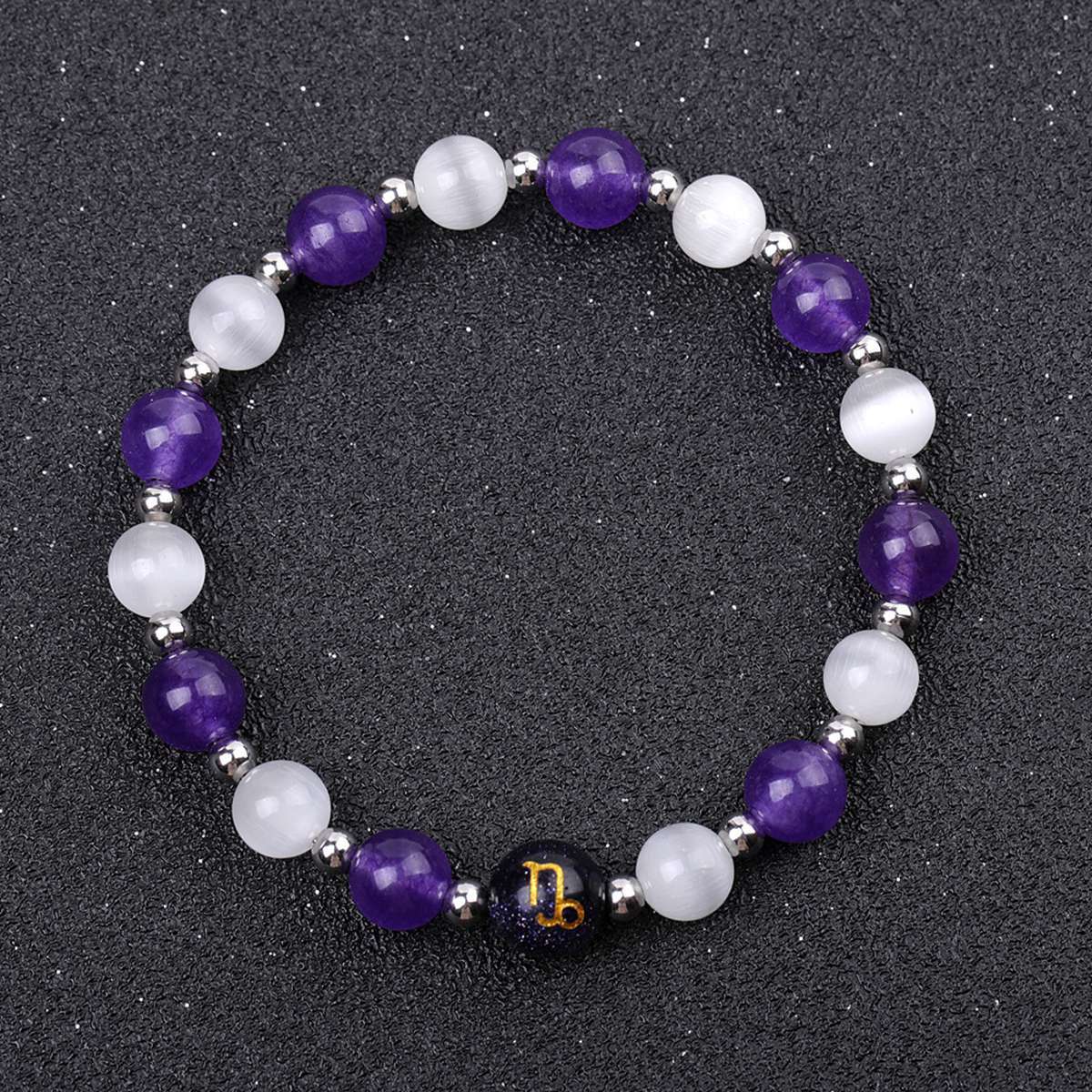 Amethyst & Cat Eye Zodiac Bracelets for Women Men 12 Constellations Healing Crystal Stretch Bracelet Zodiac Sign Horoscope Spiritual Jewelry Birthday Gift