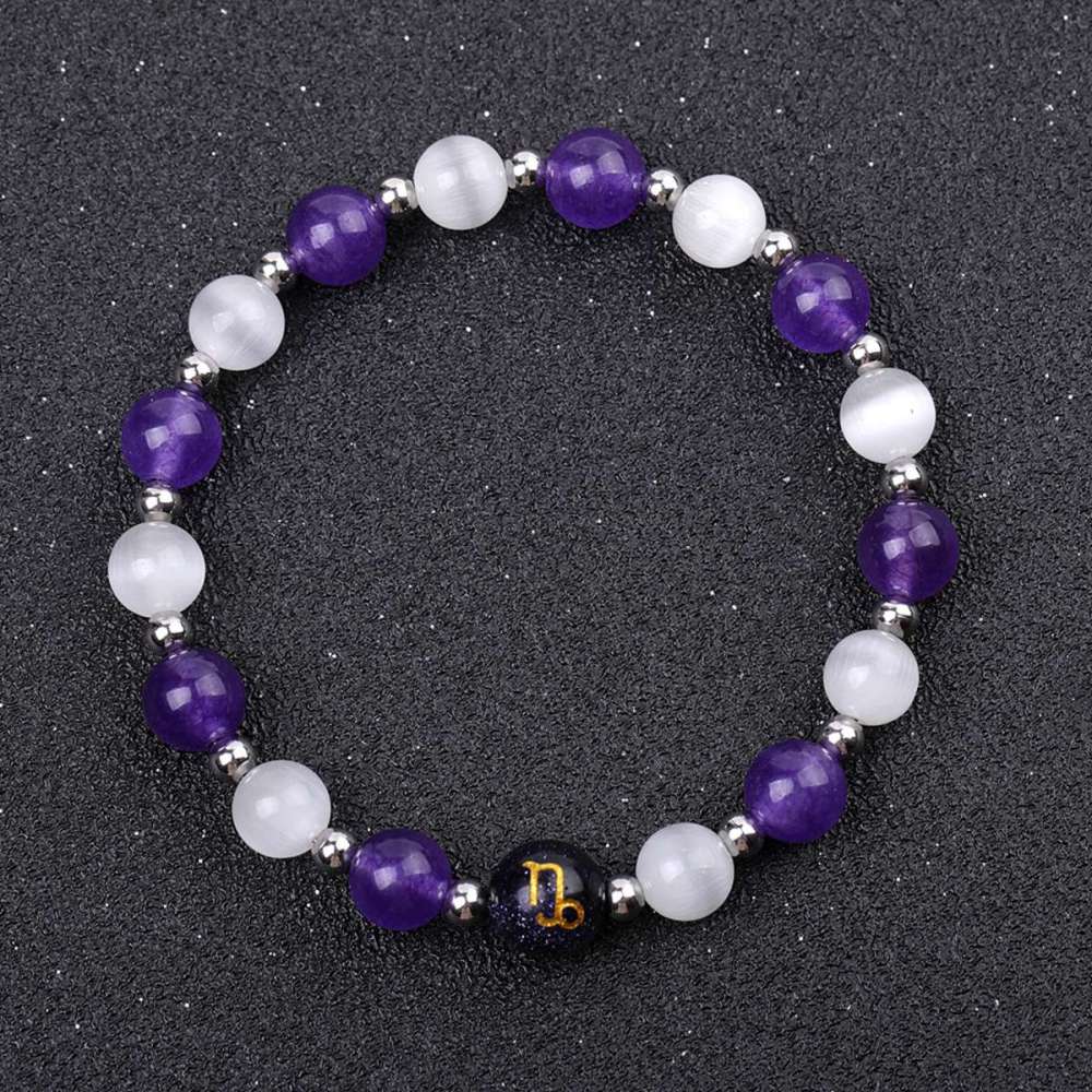 Amethyst & Cat Eye Zodiac Bracelets for Women Men 12 Constellations Healing Crystal Stretch Bracelet Zodiac Sign Horoscope Spiritual Jewelry Birthday Gift