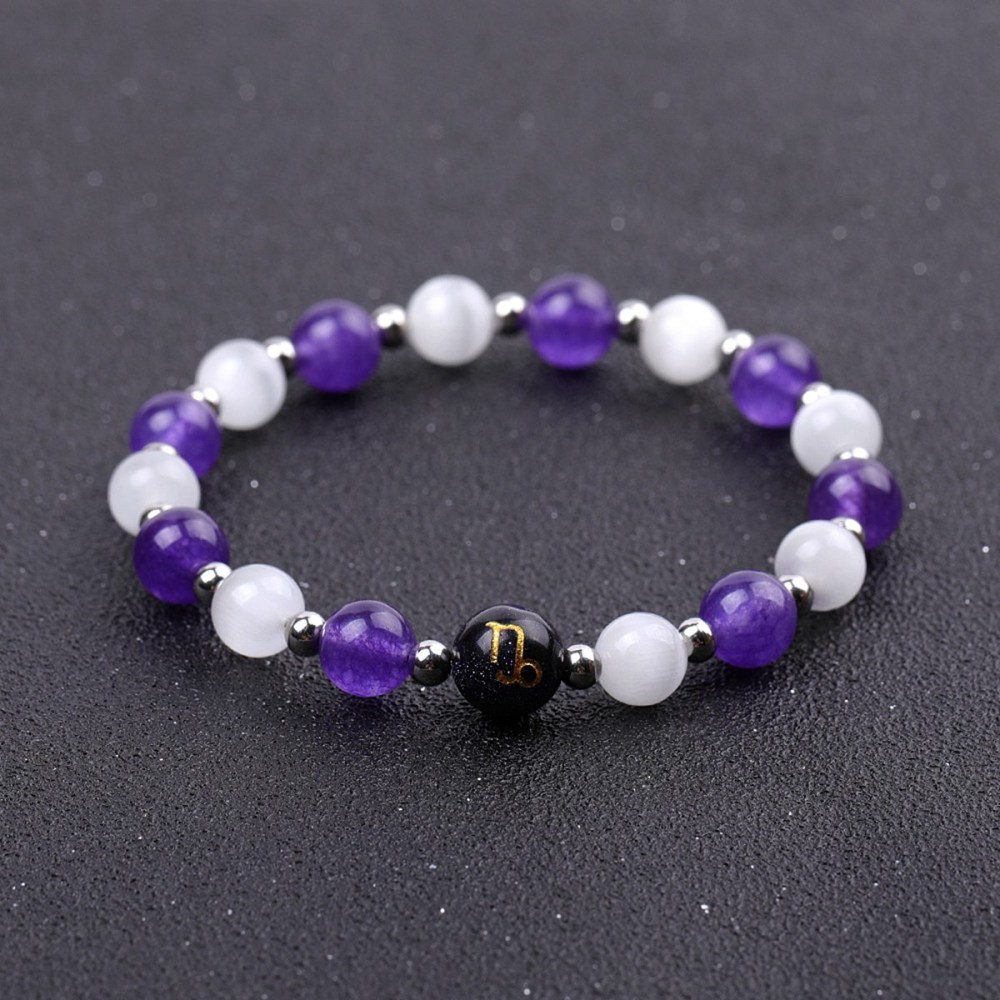 Amethyst & Cat Eye Zodiac Bracelets for Women Men 12 Constellations Healing Crystal Stretch Bracelet Zodiac Sign Horoscope Spiritual Jewelry Birthday Gift