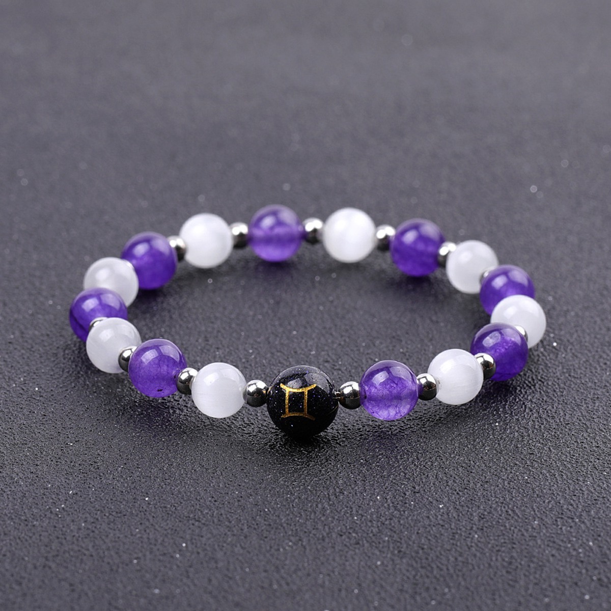 Amethyst & Cat Eye Zodiac Bracelets for Women Men 12 Constellations Healing Crystal Stretch Bracelet Zodiac Sign Horoscope Spiritual Jewelry Birthday Gift