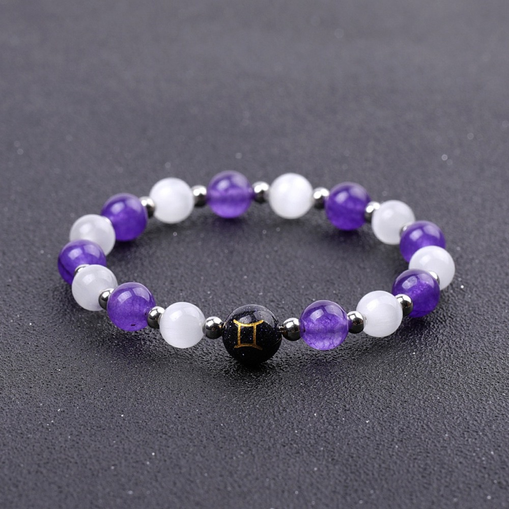 Amethyst & Cat Eye Zodiac Bracelets for Women Men 12 Constellations Healing Crystal Stretch Bracelet Zodiac Sign Horoscope Spiritual Jewelry Birthday Gift