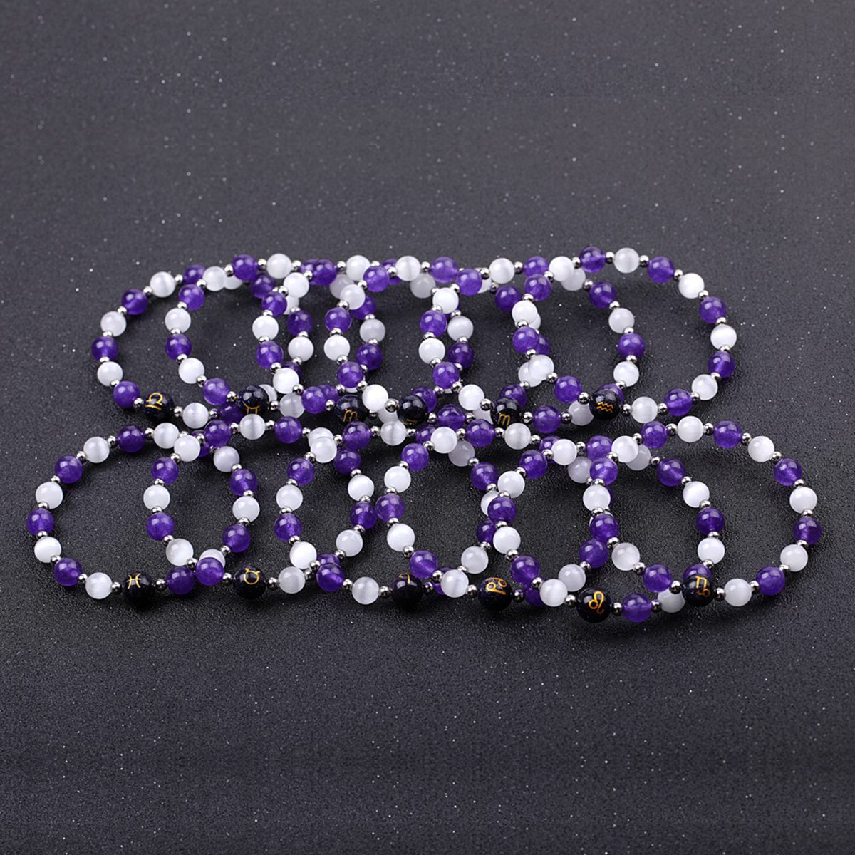 Amethyst & Cat Eye Zodiac Bracelets for Women Men 12 Constellations Healing Crystal Stretch Bracelet Zodiac Sign Horoscope Spiritual Jewelry Birthday Gift