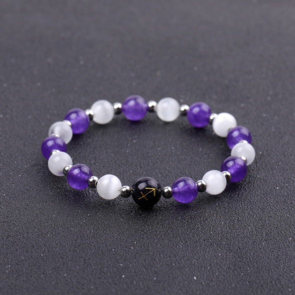 Amethyst & Cat Eye Zodiac Bracelets for Women Men 12 Constellations Healing Crystal Stretch Bracelet Zodiac Sign Horoscope Spiritual Jewelry Birthday Gift