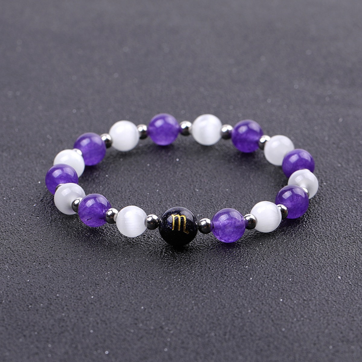 Amethyst & Cat Eye Zodiac Bracelets for Women Men 12 Constellations Healing Crystal Stretch Bracelet Zodiac Sign Horoscope Spiritual Jewelry Birthday Gift