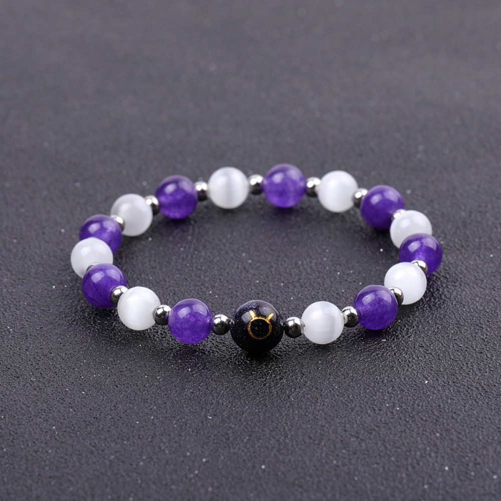 Amethyst & Cat Eye Zodiac Bracelets for Women Men 12 Constellations Healing Crystal Stretch Bracelet Zodiac Sign Horoscope Spiritual Jewelry Birthday Gift