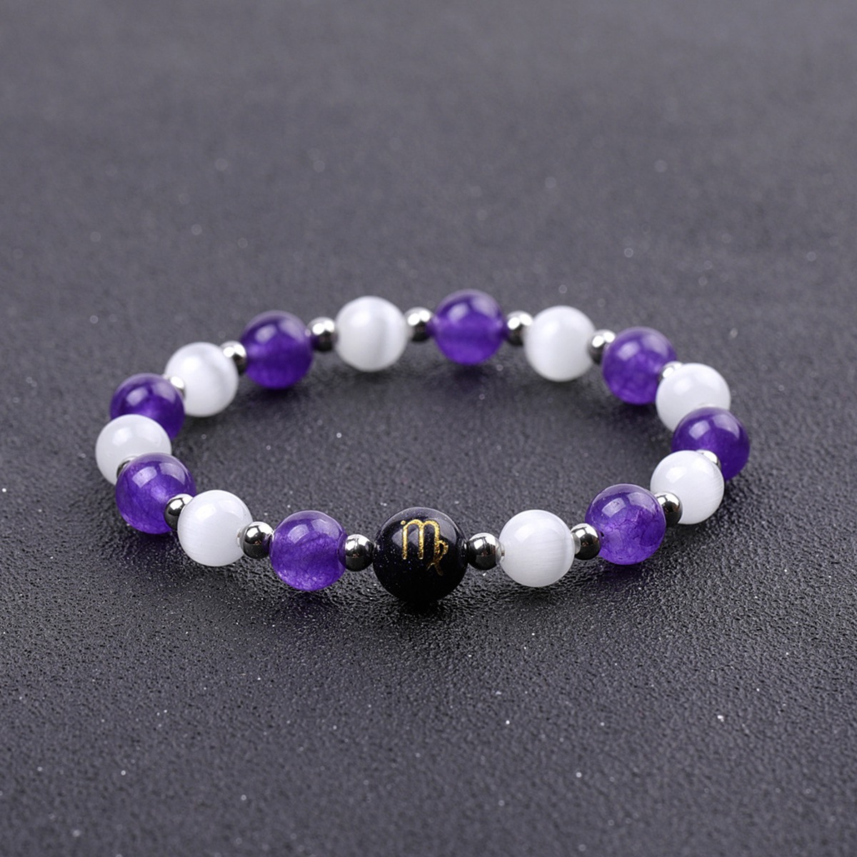 Amethyst & Cat Eye Zodiac Bracelets for Women Men 12 Constellations Healing Crystal Stretch Bracelet Zodiac Sign Horoscope Spiritual Jewelry Birthday Gift