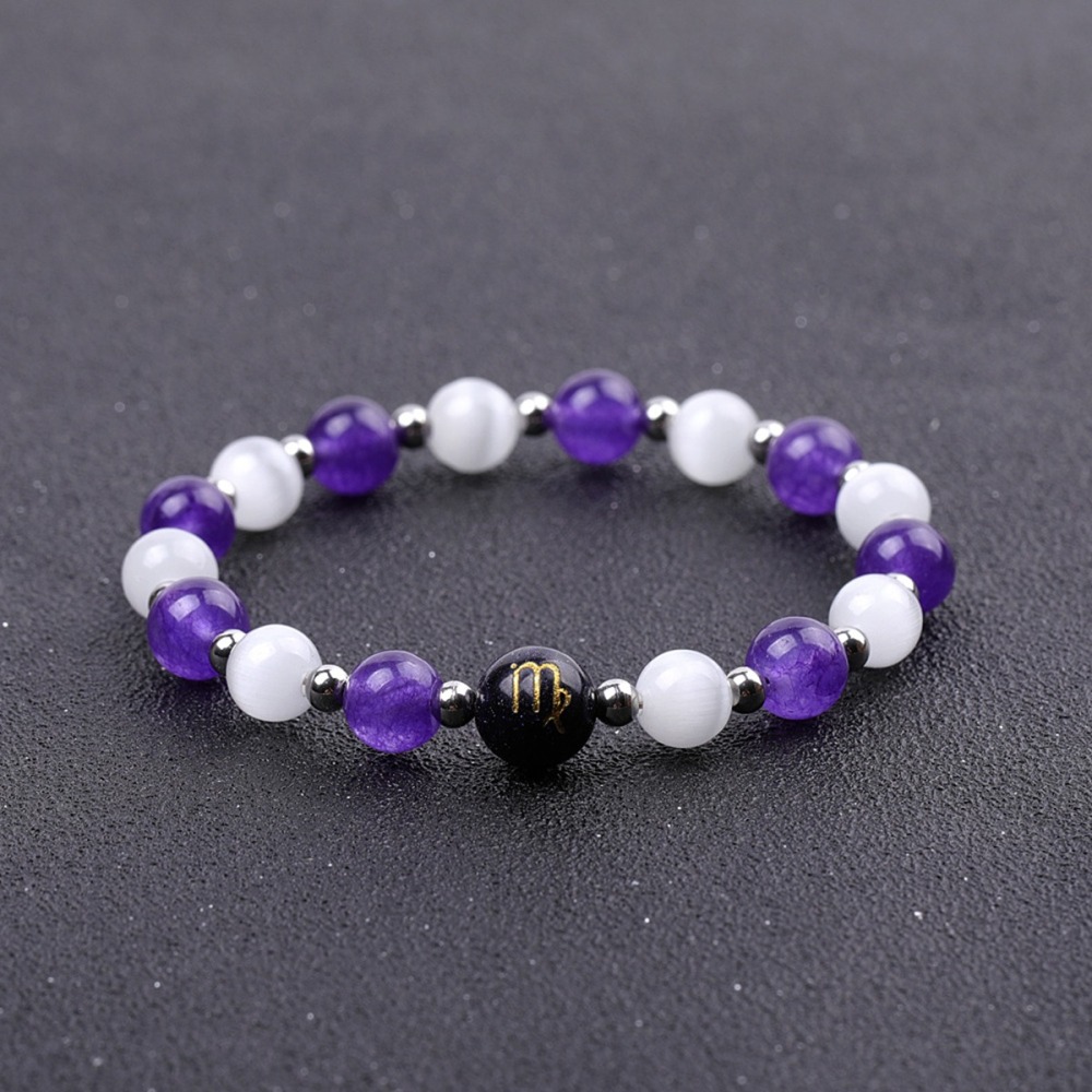 Amethyst & Cat Eye Zodiac Bracelets for Women Men 12 Constellations Healing Crystal Stretch Bracelet Zodiac Sign Horoscope Spiritual Jewelry Birthday Gift
