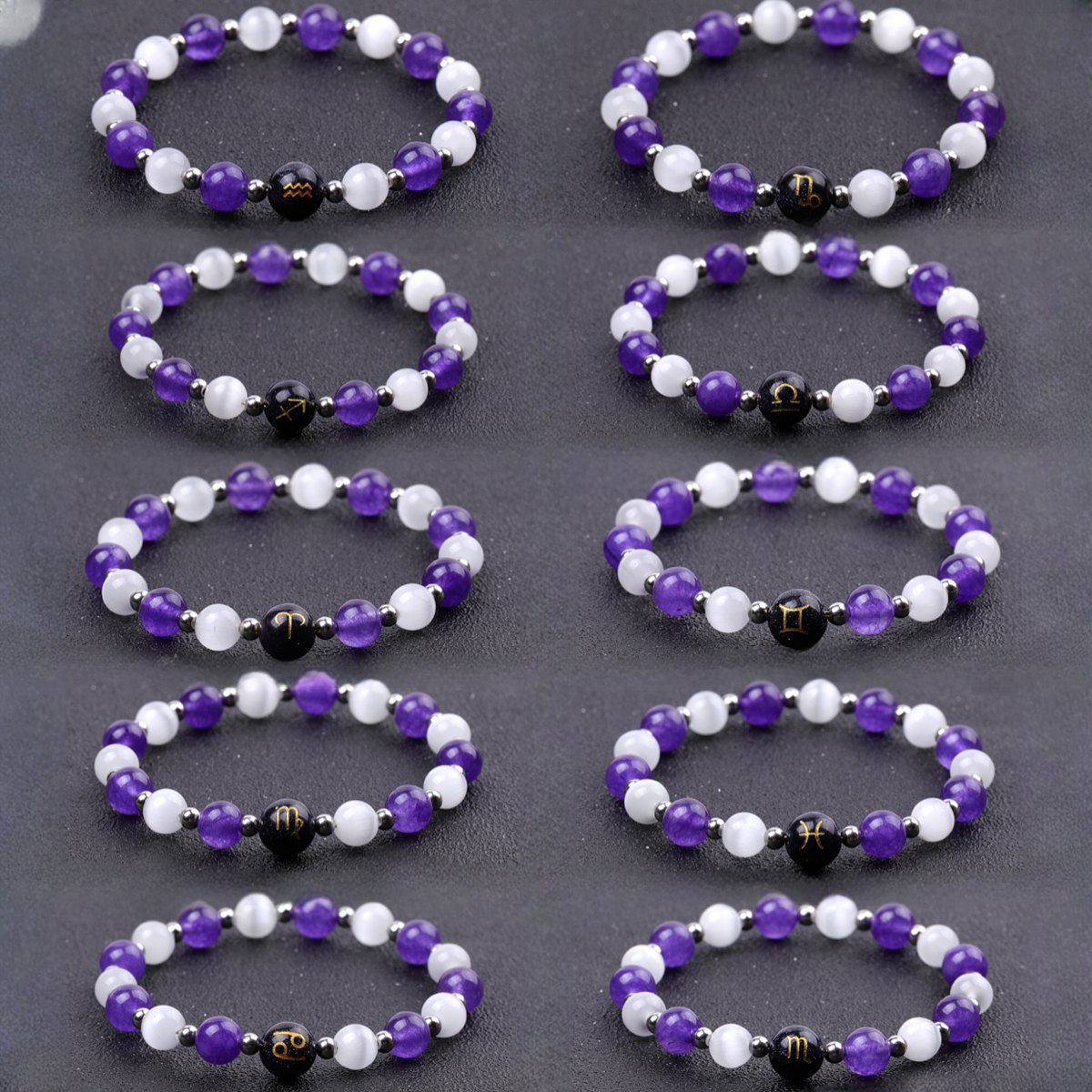 Amethyst & Cat Eye Zodiac Bracelets for Women Men 12 Constellations Healing Crystal Stretch Bracelet Zodiac Sign Horoscope Spiritual Jewelry Birthday Gift