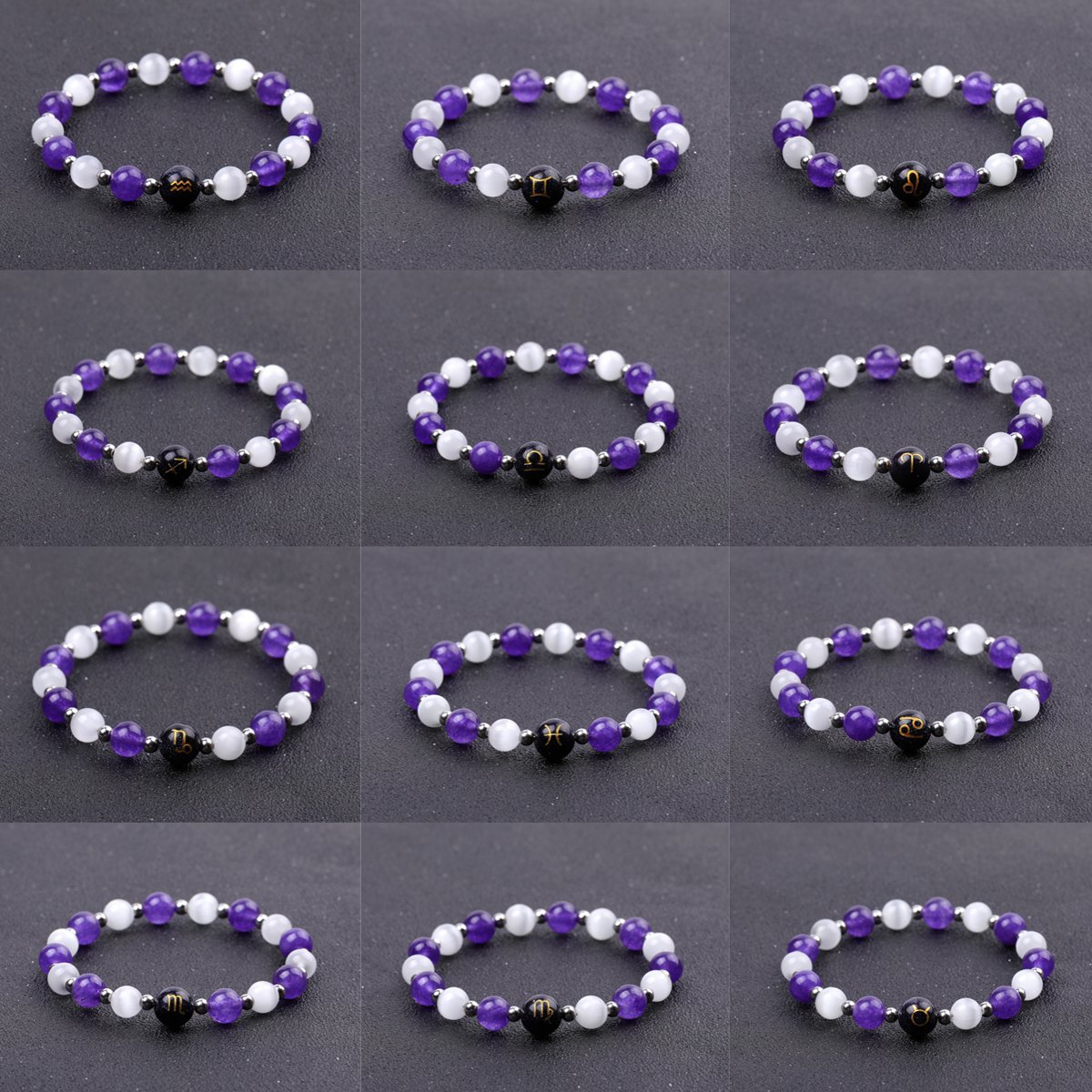 Amethyst & Cat Eye Zodiac Bracelets for Women Men 12 Constellations Healing Crystal Stretch Bracelet Zodiac Sign Horoscope Spiritual Jewelry Birthday Gift