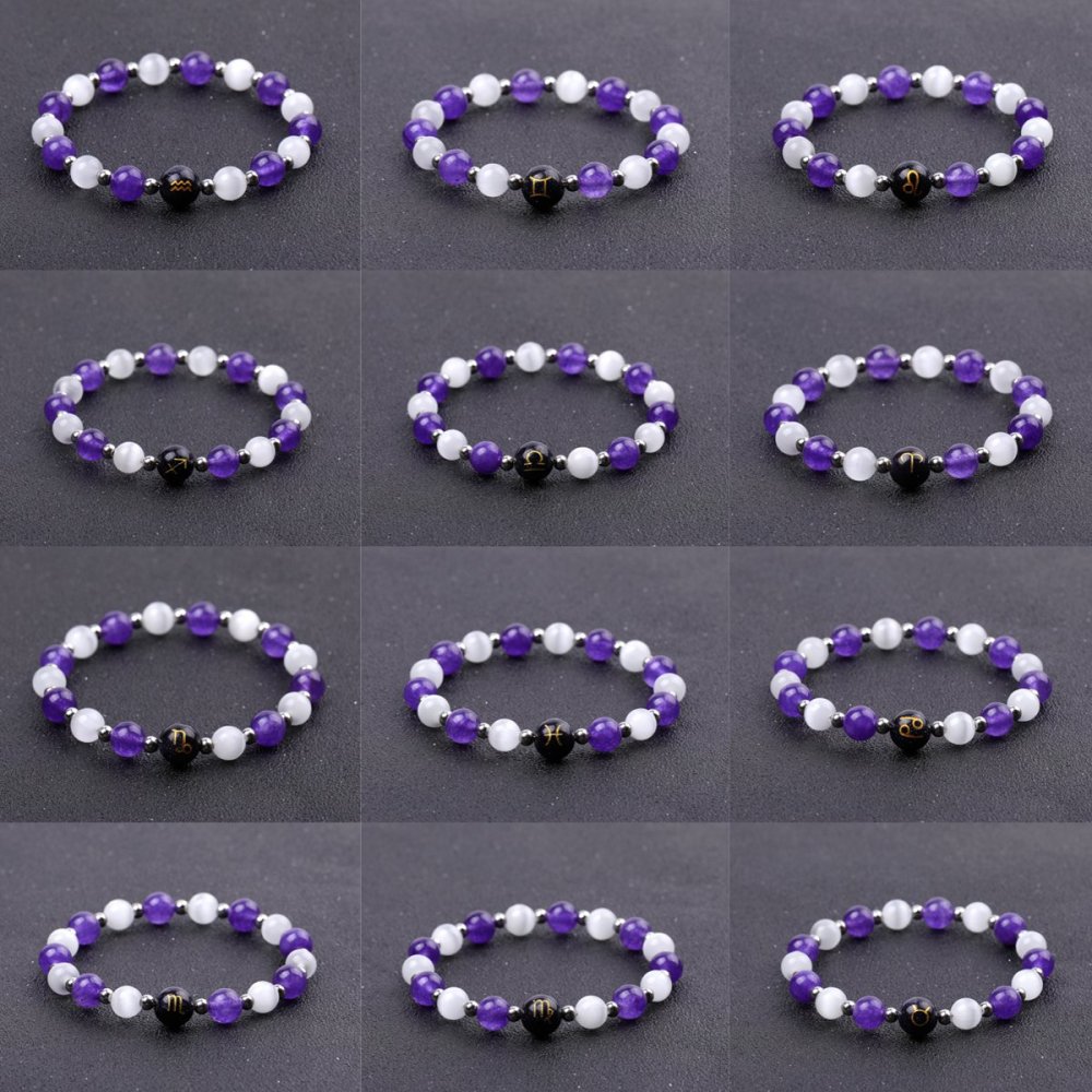 Amethyst & Cat Eye Zodiac Bracelets for Women Men 12 Constellations Healing Crystal Stretch Bracelet Zodiac Sign Horoscope Spiritual Jewelry Birthday Gift