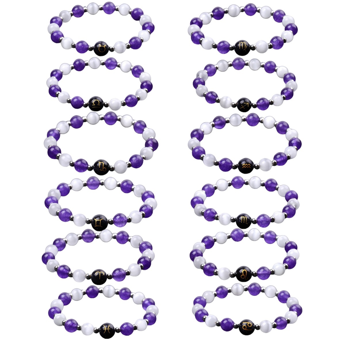 Amethyst & Cat Eye Zodiac Bracelets for Women Men 12 Constellations Healing Crystal Stretch Bracelet Zodiac Sign Horoscope Spiritual Jewelry Birthday Gift