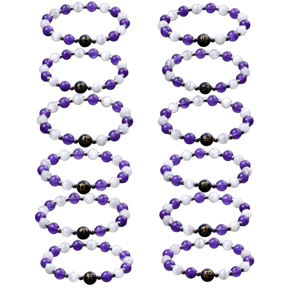 Amethyst & Cat Eye Zodiac Bracelets for Women Men 12 Constellations Healing Crystal Stretch Bracelet Zodiac Sign Horoscope Spiritual Jewelry Birthday Gift