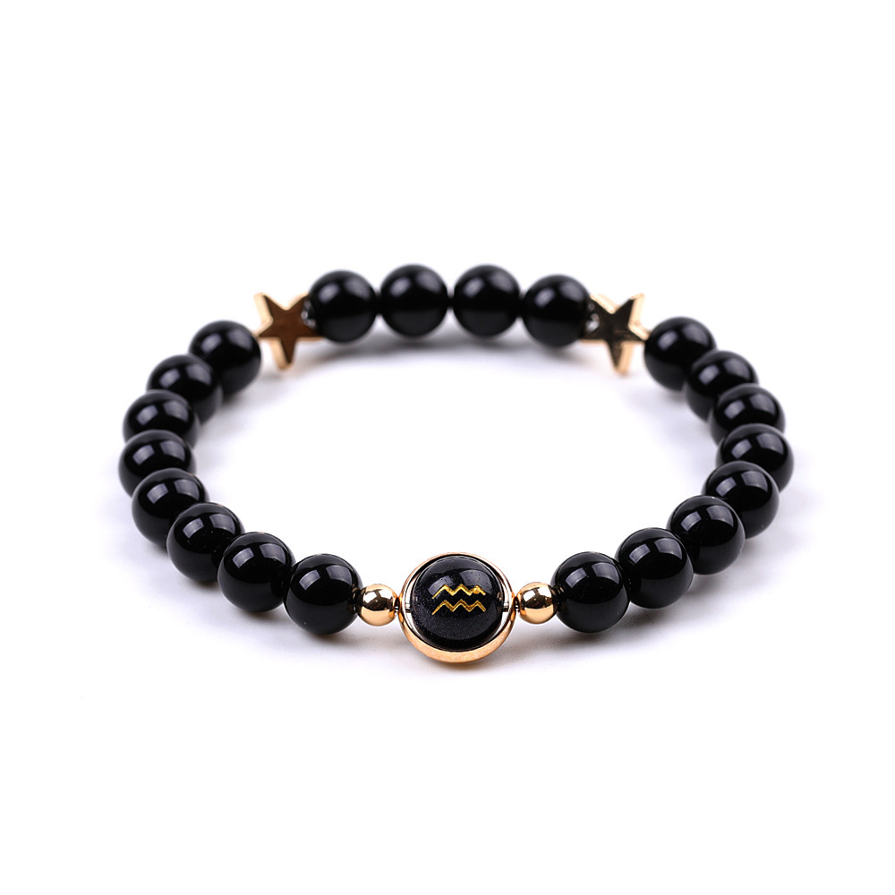 Black Onyx Zodiac Bracelets for Women Men 12 Constellations Healing Crystal Stretch Bracelet Zodiac Sign Blue Goldstone Horoscope Spiritual Jewelry Birthday Gift