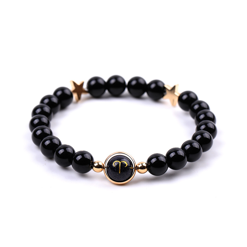 Black Onyx Zodiac Bracelets for Women Men 12 Constellations Healing Crystal Stretch Bracelet Zodiac Sign Blue Goldstone Horoscope Spiritual Jewelry Birthday Gift