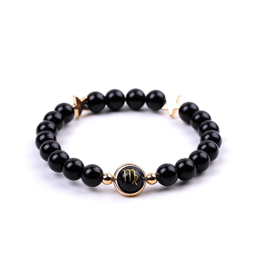 Black Onyx Zodiac Bracelets for Women Men 12 Constellations Healing Crystal Stretch Bracelet Zodiac Sign Blue Goldstone Horoscope Spiritual Jewelry Birthday Gift