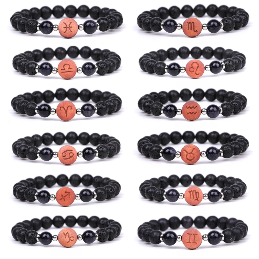 Lava Stone Zodiac Bracelets for Women Men 12 Constellations Healing Crystal Stretch Bracelet Zodiac Sign wood Horoscope Spiritual Jewelry Birthday Gift