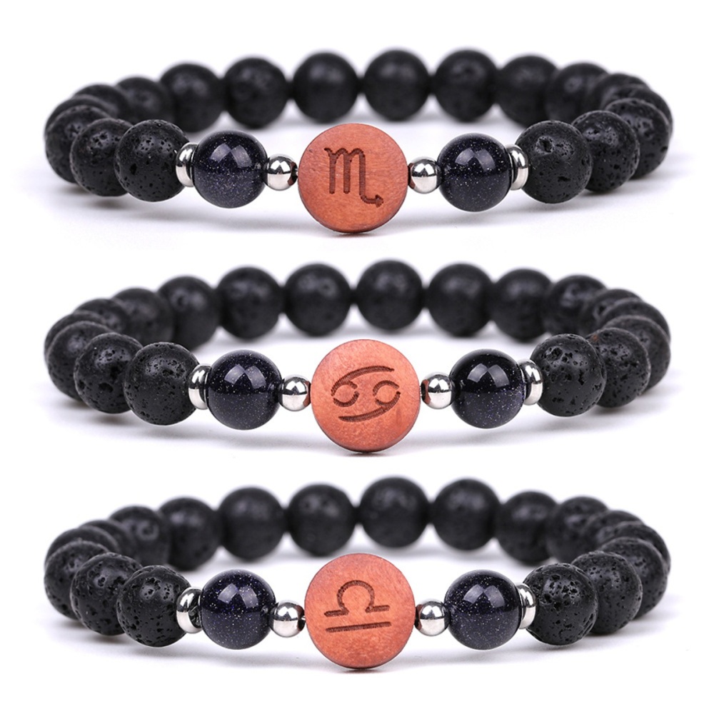 Lava Stone Zodiac Bracelets for Women Men 12 Constellations Healing Crystal Stretch Bracelet Zodiac Sign wood Horoscope Spiritual Jewelry Birthday Gift