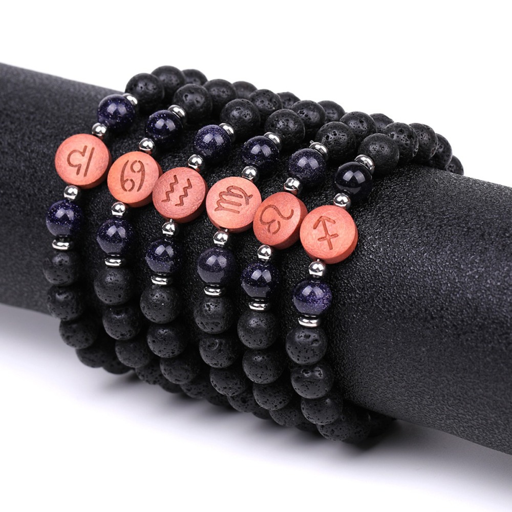 Lava Stone Zodiac Bracelets for Women Men 12 Constellations Healing Crystal Stretch Bracelet Zodiac Sign wood Horoscope Spiritual Jewelry Birthday Gift