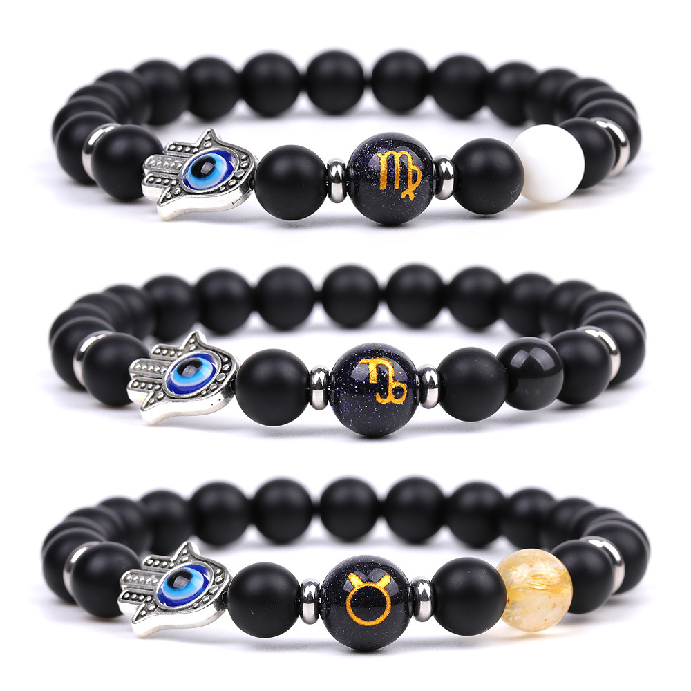 Matte Onyx Zodiac Bracelets for Women Men 12 Constellations Healing Crystal Stretch Bracelet Zodiac Sign Blue Goldstone Horoscope Spiritual Jewelry Birthday Gift