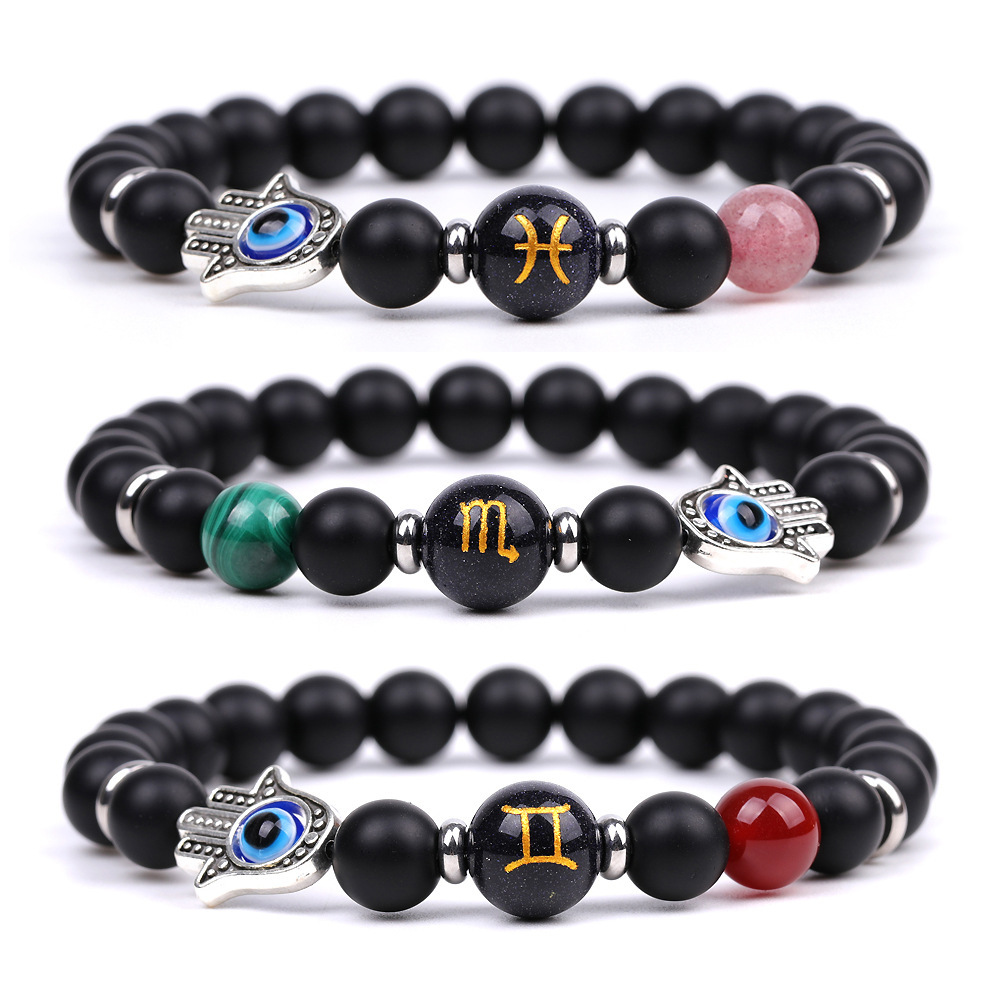 Matte Onyx Zodiac Bracelets for Women Men 12 Constellations Healing Crystal Stretch Bracelet Zodiac Sign Blue Goldstone Horoscope Spiritual Jewelry Birthday Gift