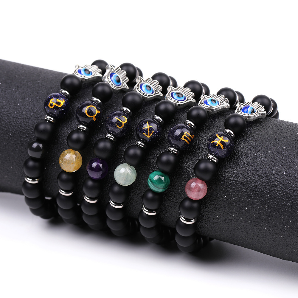 Matte Onyx Zodiac Bracelets for Women Men 12 Constellations Healing Crystal Stretch Bracelet Zodiac Sign Blue Goldstone Horoscope Spiritual Jewelry Birthday Gift
