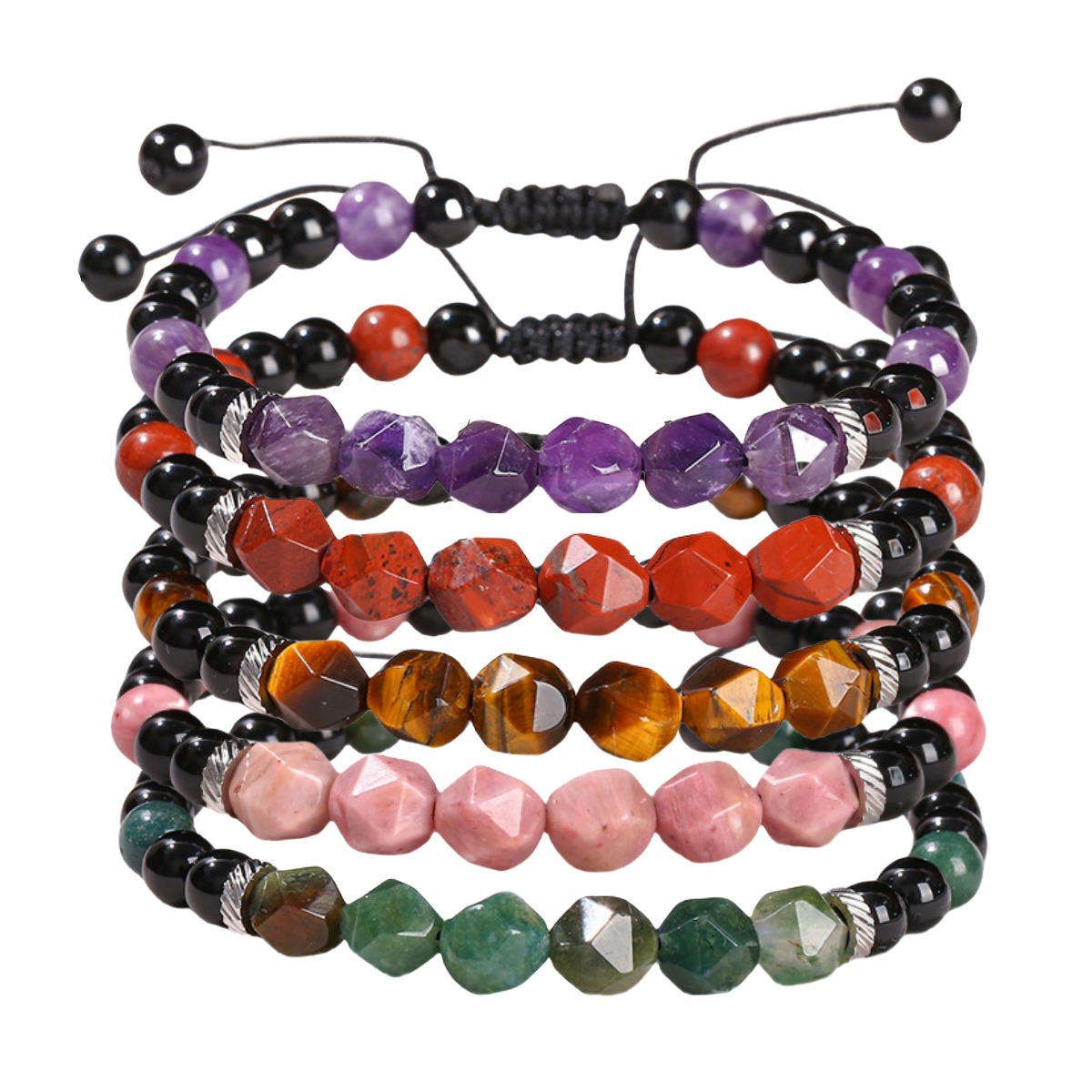 Facet Stone Beads Adjustable Black Onyx Amethyst Woven Gemstone Bracelets for Women Men
