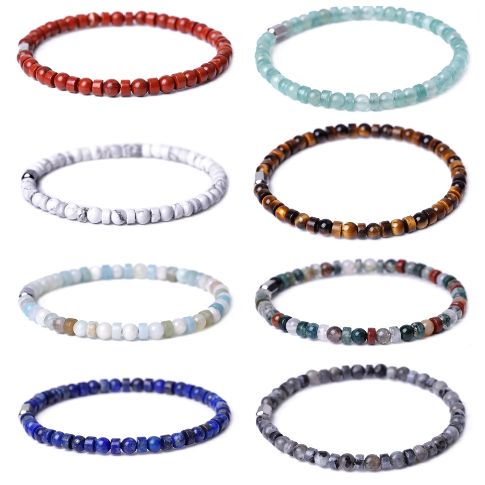 4MM Flat Spacer & Round Stone Beads Stretch Bracelet – Unisex Design for Women & Men