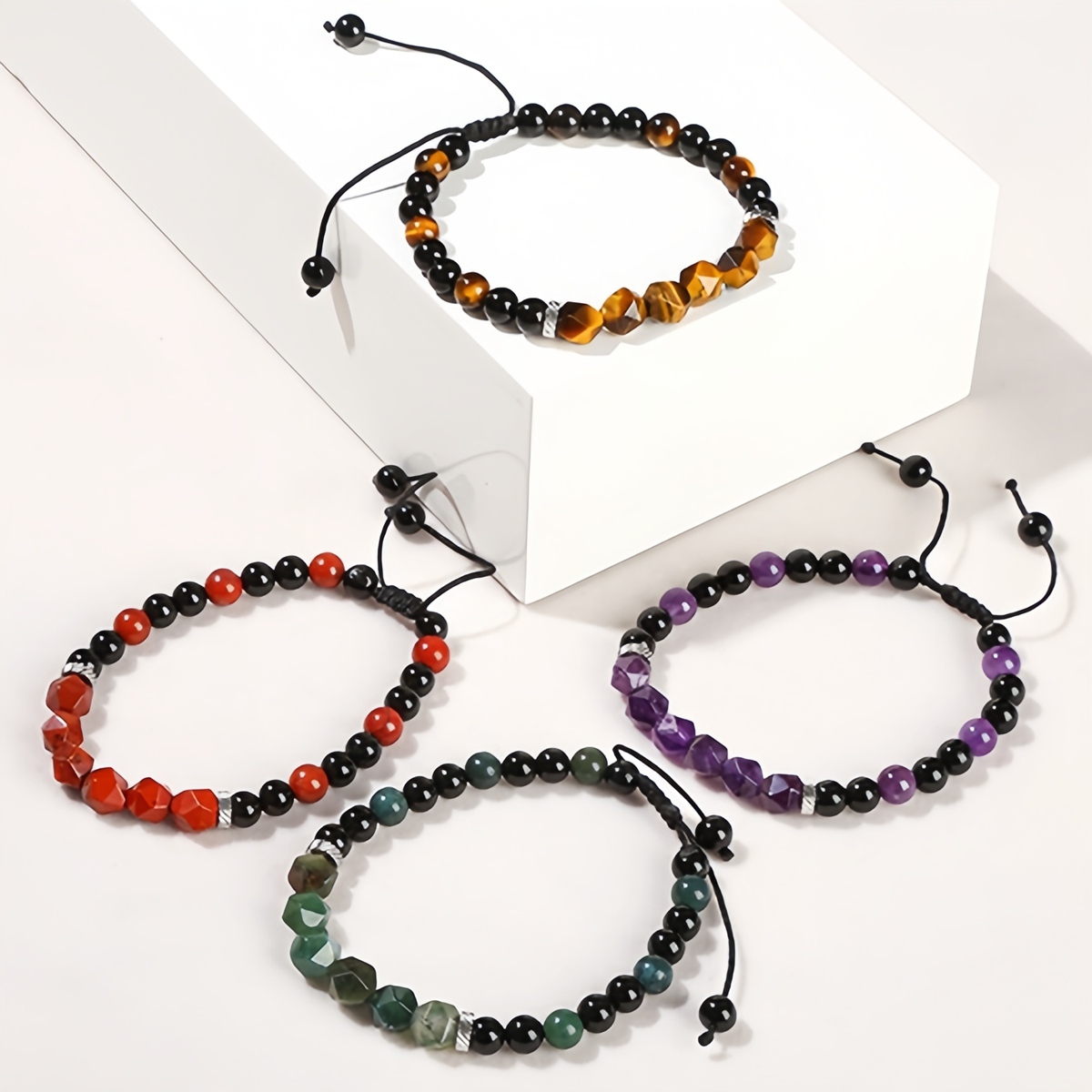 Facet Stone Beads Adjustable Black Onyx Amethyst Woven Gemstone Bracelets for Women Men