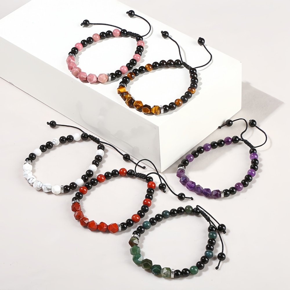 Facet Stone Beads Adjustable Black Onyx Amethyst Woven Gemstone Bracelets for Women Men