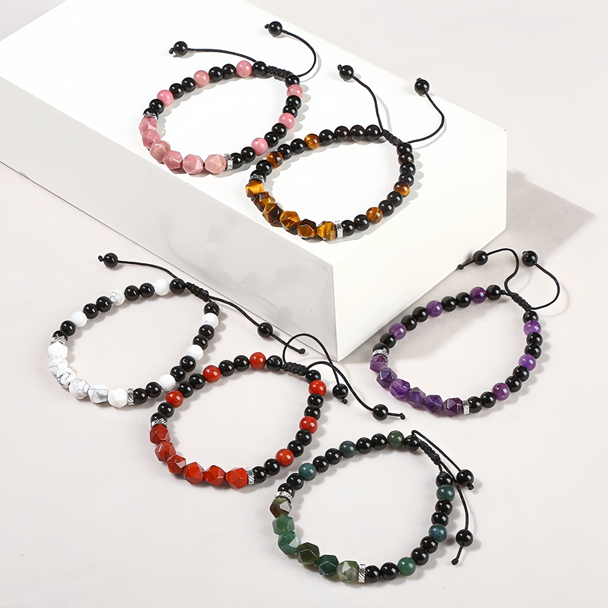 Facet Stone Beads Adjustable Black Onyx Amethyst Woven Gemstone Bracelets for Women Men