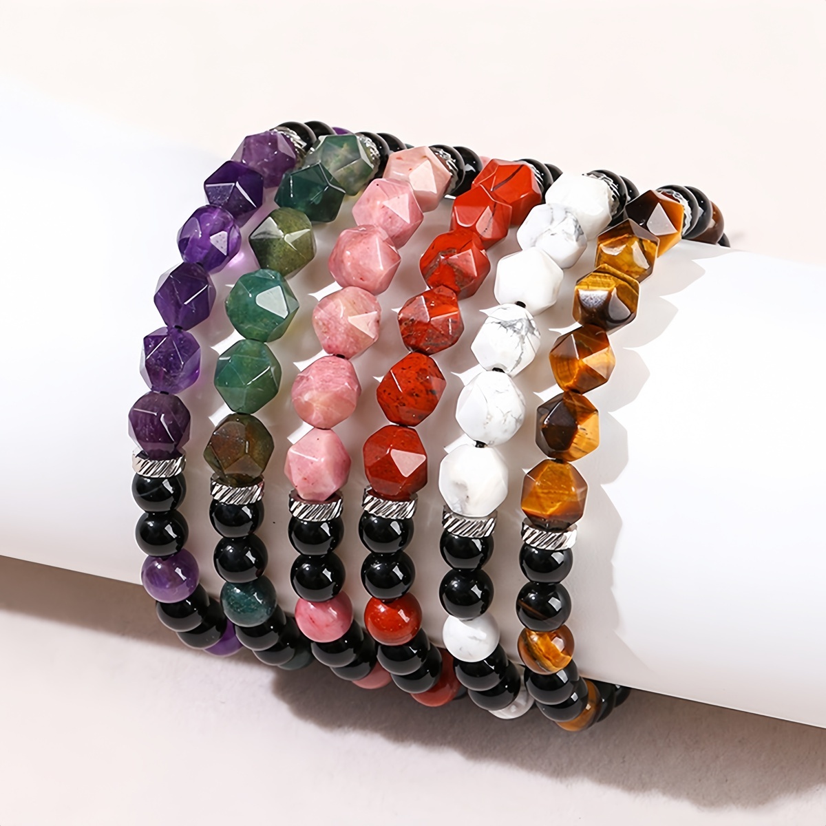Facet Stone Beads Adjustable Black Onyx Amethyst Woven Gemstone Bracelets for Women Men