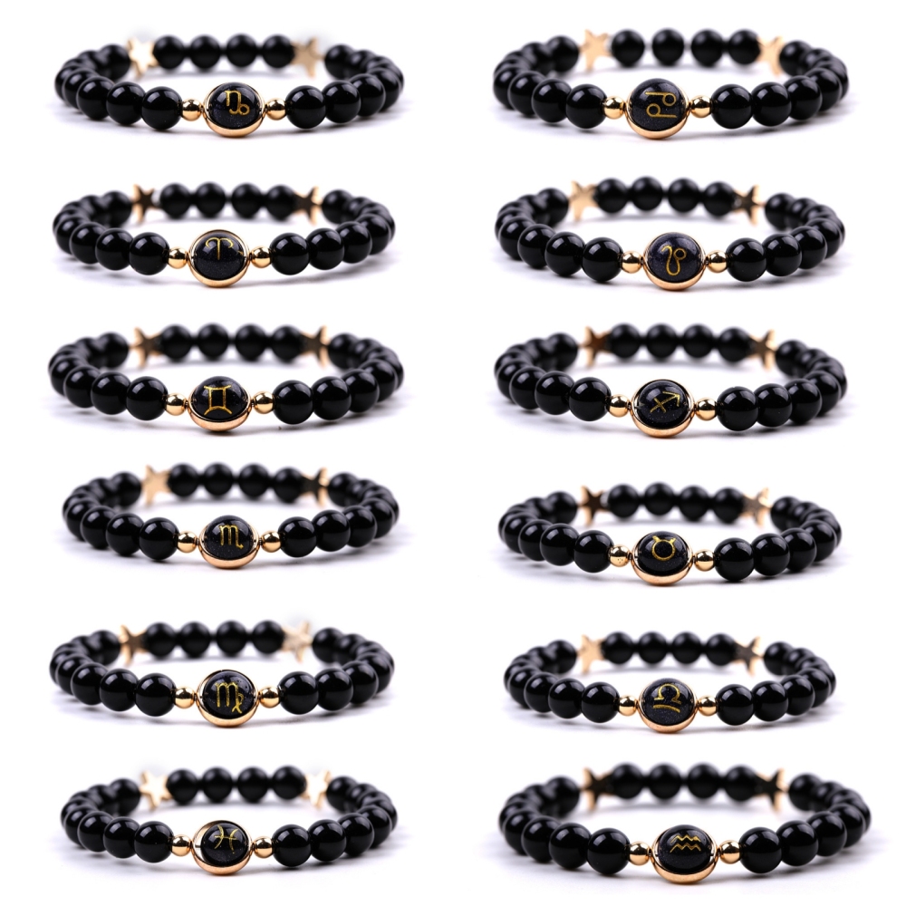 Matte Onyx Zodiac Bracelets for Women Men 12 Constellations Healing Crystal Stretch Bracelet Zodiac Sign Blue Goldstone Horoscope Spiritual Jewelry Birthday Gift