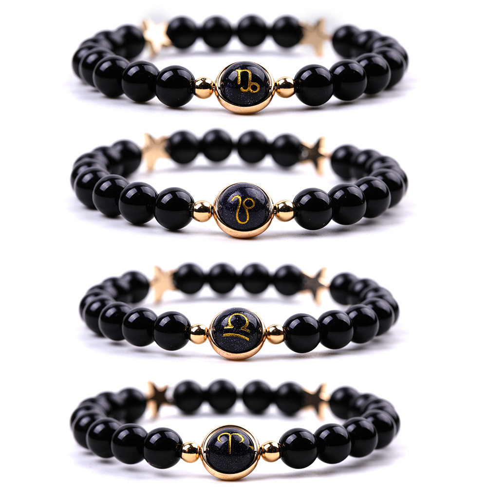 Matte Onyx Zodiac Bracelets for Women Men 12 Constellations Healing Crystal Stretch Bracelet Zodiac Sign Blue Goldstone Horoscope Spiritual Jewelry Birthday Gift