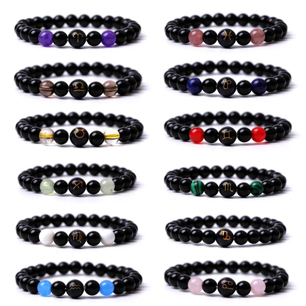 Black Onyx Zodiac Bracelets for Women Men 12 Constellations Healing Crystal Stretch Bracelet Zodiac Sign Blue Goldstone Horoscope Spiritual Jewelry Birthday Gift