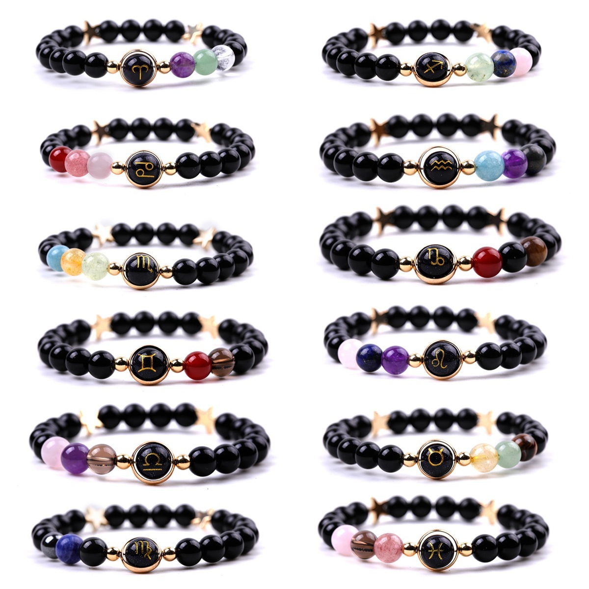 Black Onyx Zodiac Bracelets for Women Men 12 Constellations Healing Crystal Stretch Bracelet Zodiac Sign Blue Goldstone Horoscope Spiritual Jewelry Birthday Gift