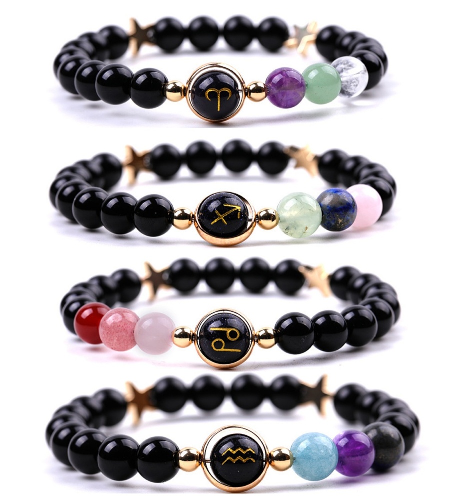 Black Onyx Zodiac Bracelets for Women Men 12 Constellations Healing Crystal Stretch Bracelet Zodiac Sign Blue Goldstone Horoscope Spiritual Jewelry Birthday Gift