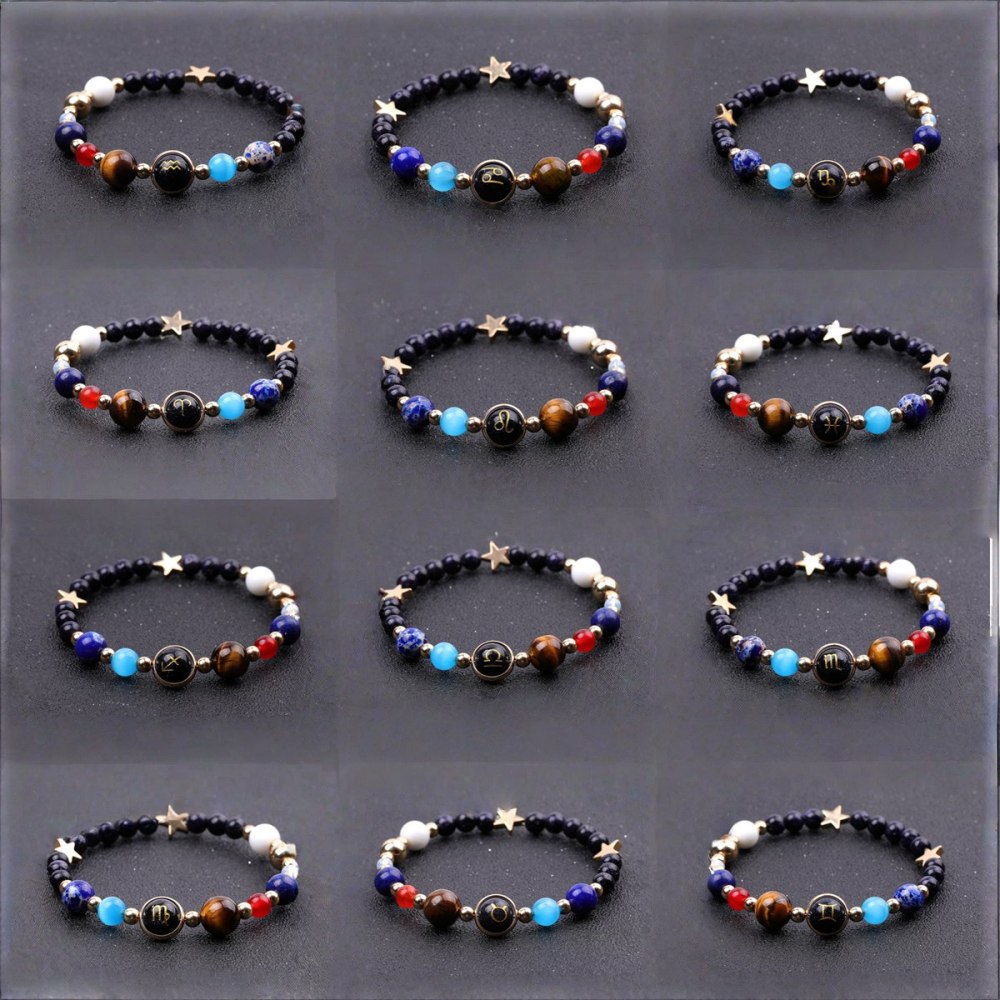 6MM Blue Goldstone Zodiac Bracelets for Women Men 12 Constellations Healing Crystal Stretch Solar Bracelet Zodiac Sign Horoscope Spiritual Jewelry Birthday Gift